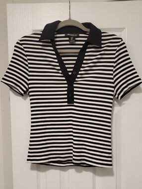 Bailey 44 Black and White Striped Polo V-Neck Tee